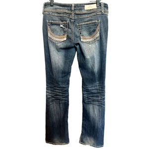 Y2K Almost Famous Womens Low Rise Boot Cut Jeans Size 9 Distressed Whiskered